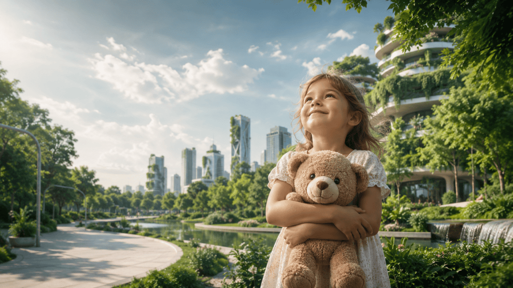 Young girl holding a teddy bear in a green, sustainable city park